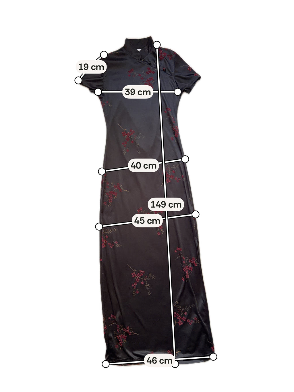 Long black qipao dress with red floral gothic 90s style – size S/M
