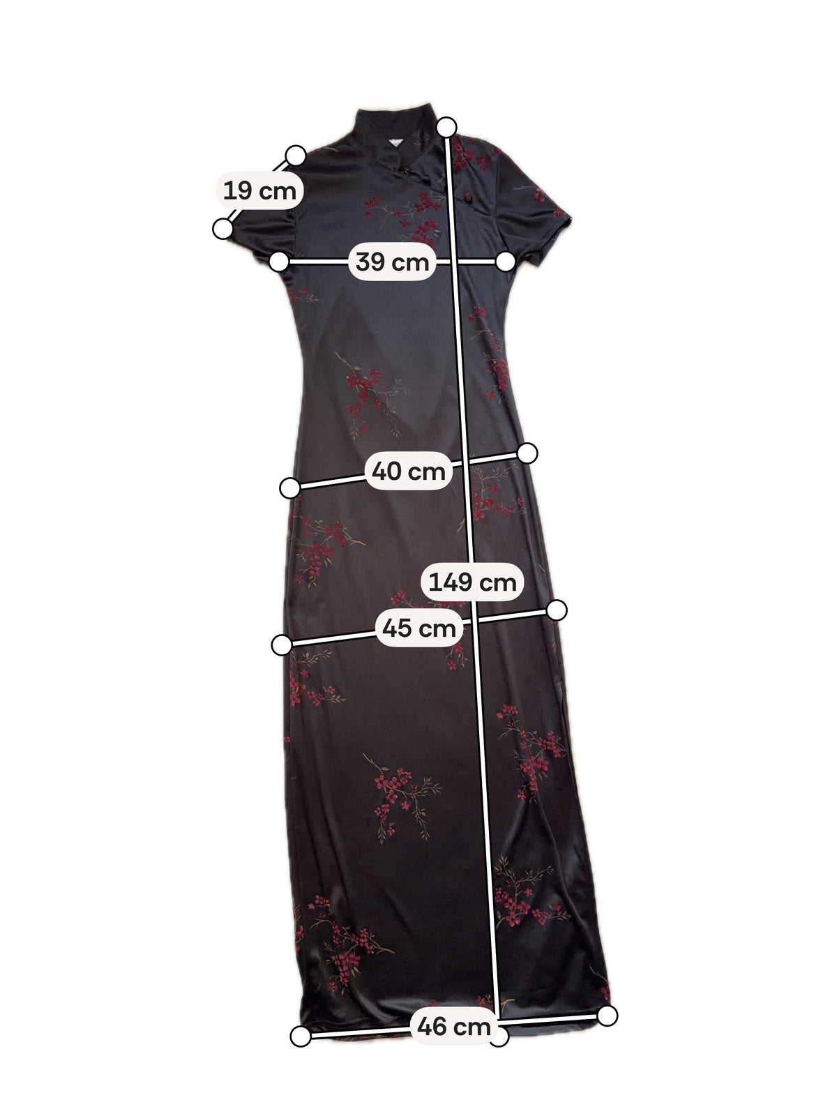 Robe longue noire qipao fleurs rouges style goth 90s – taille S/M