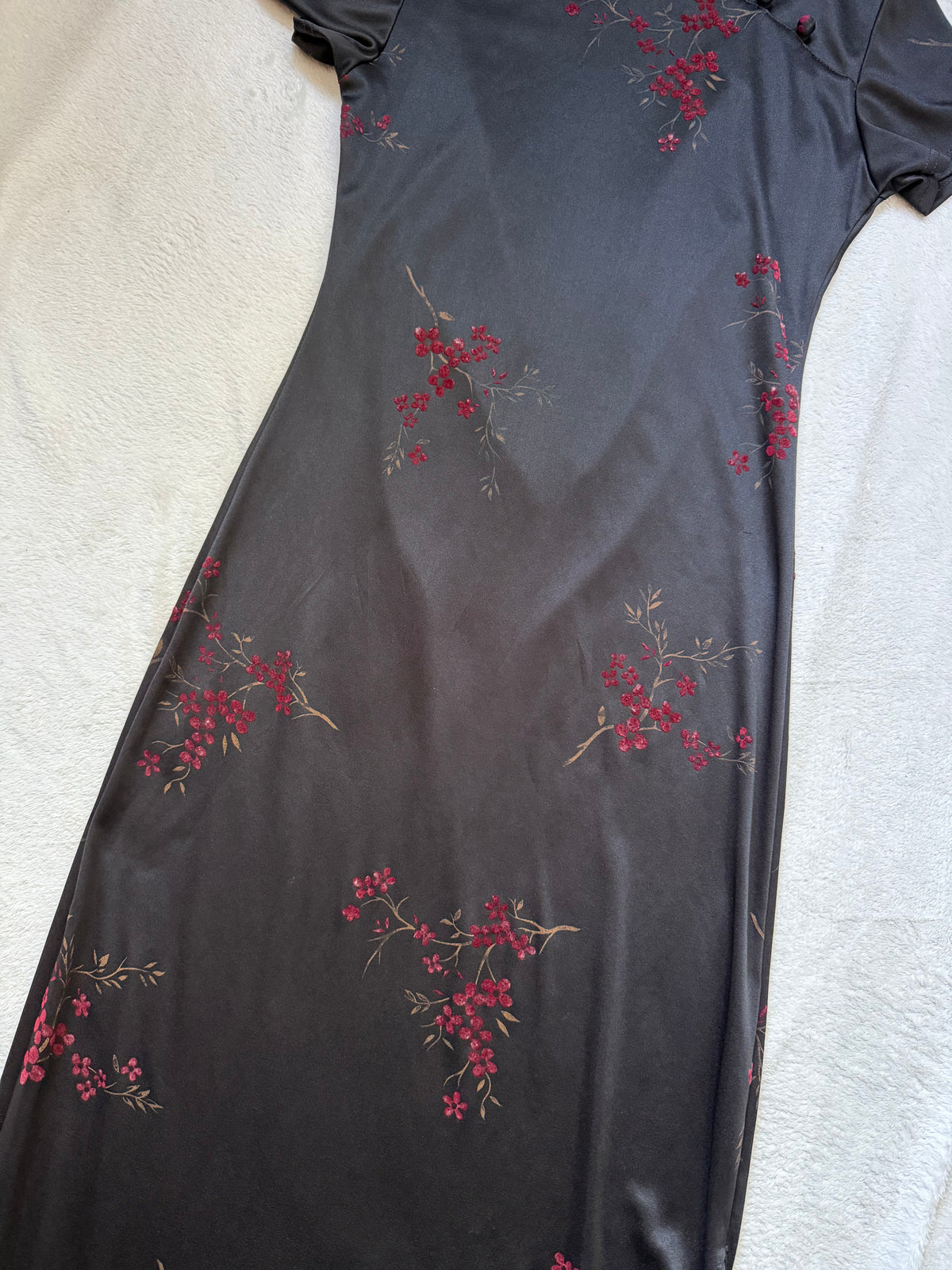 Long black qipao dress with red floral gothic 90s style – size S/M