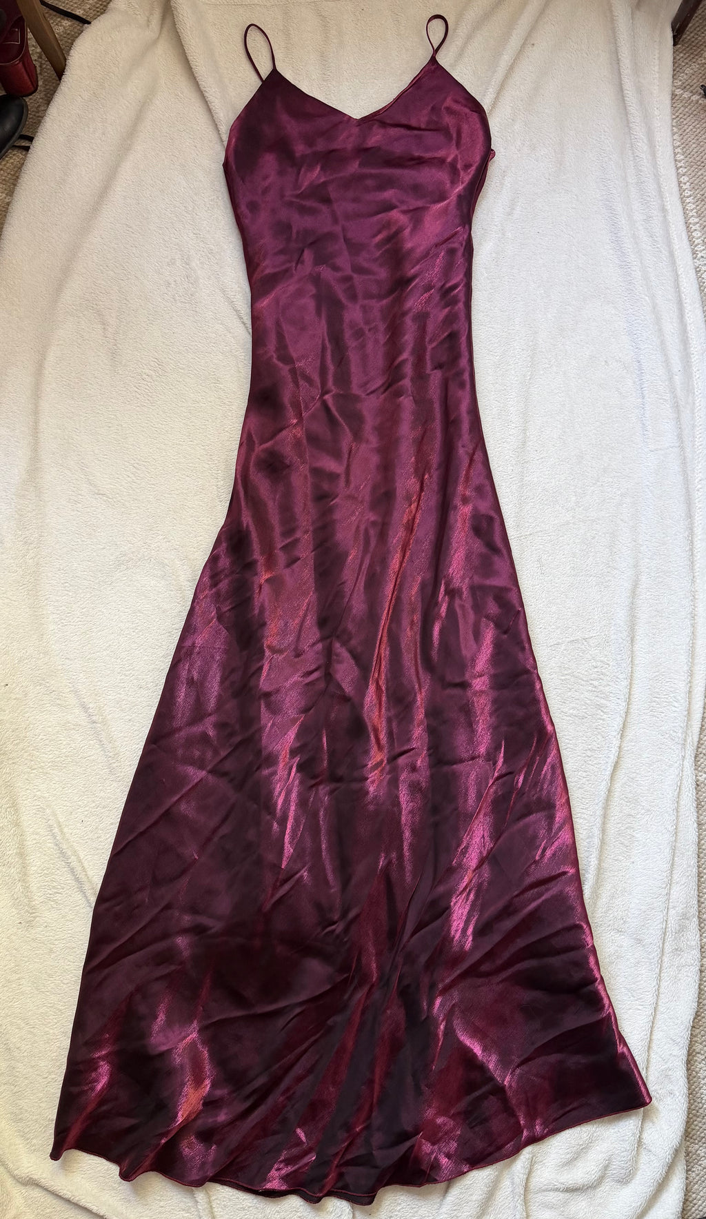 Satin burgundy/raspberry long dress with stole, 90s prom night style – size S/M