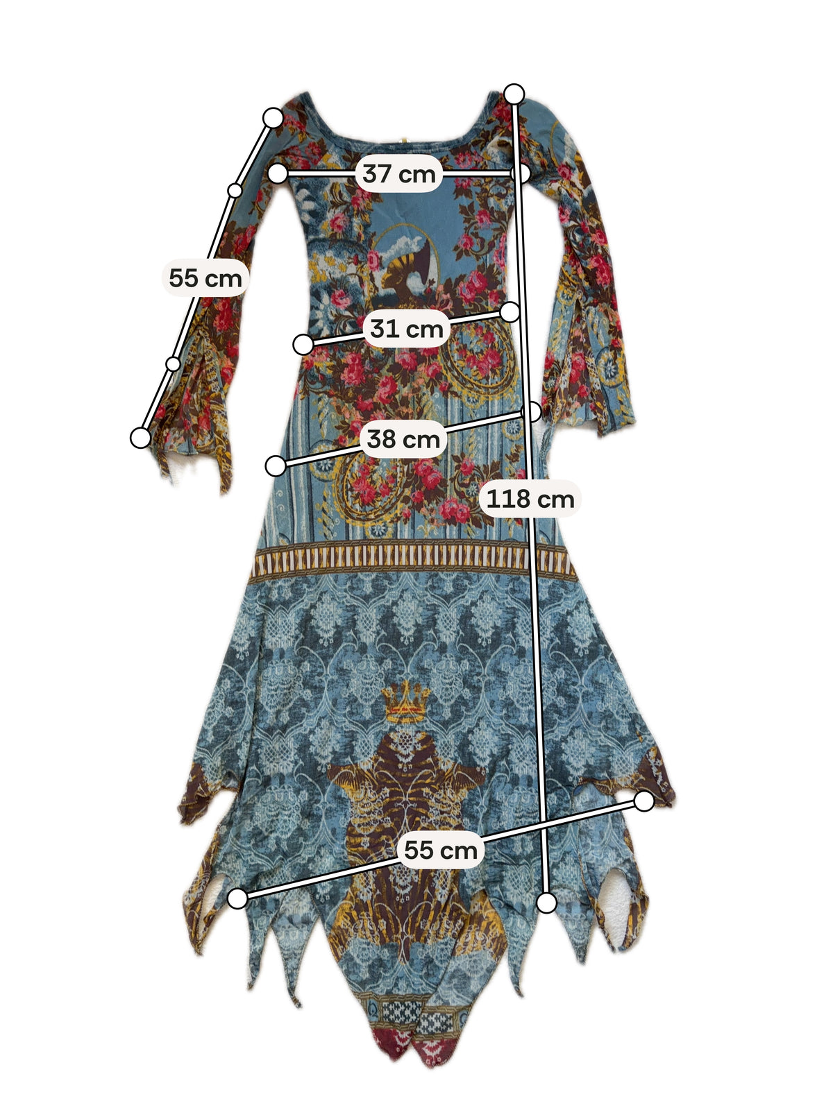 Save The Queen baroque floral print asymmetric hem dress – size S/M/L