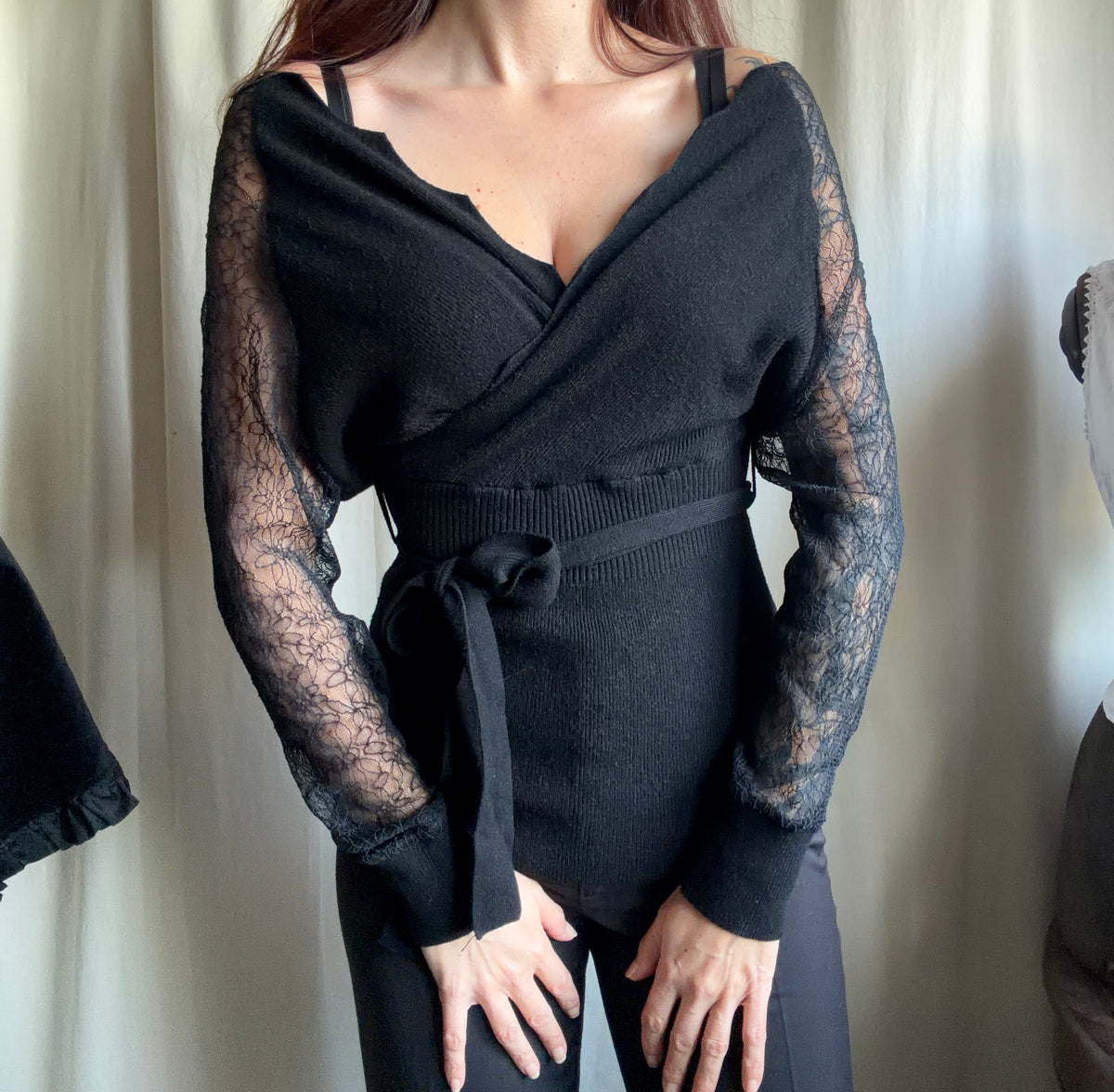 Black wrap sweater with lace sleeves, romantic goth whimsigoth style - size S/M