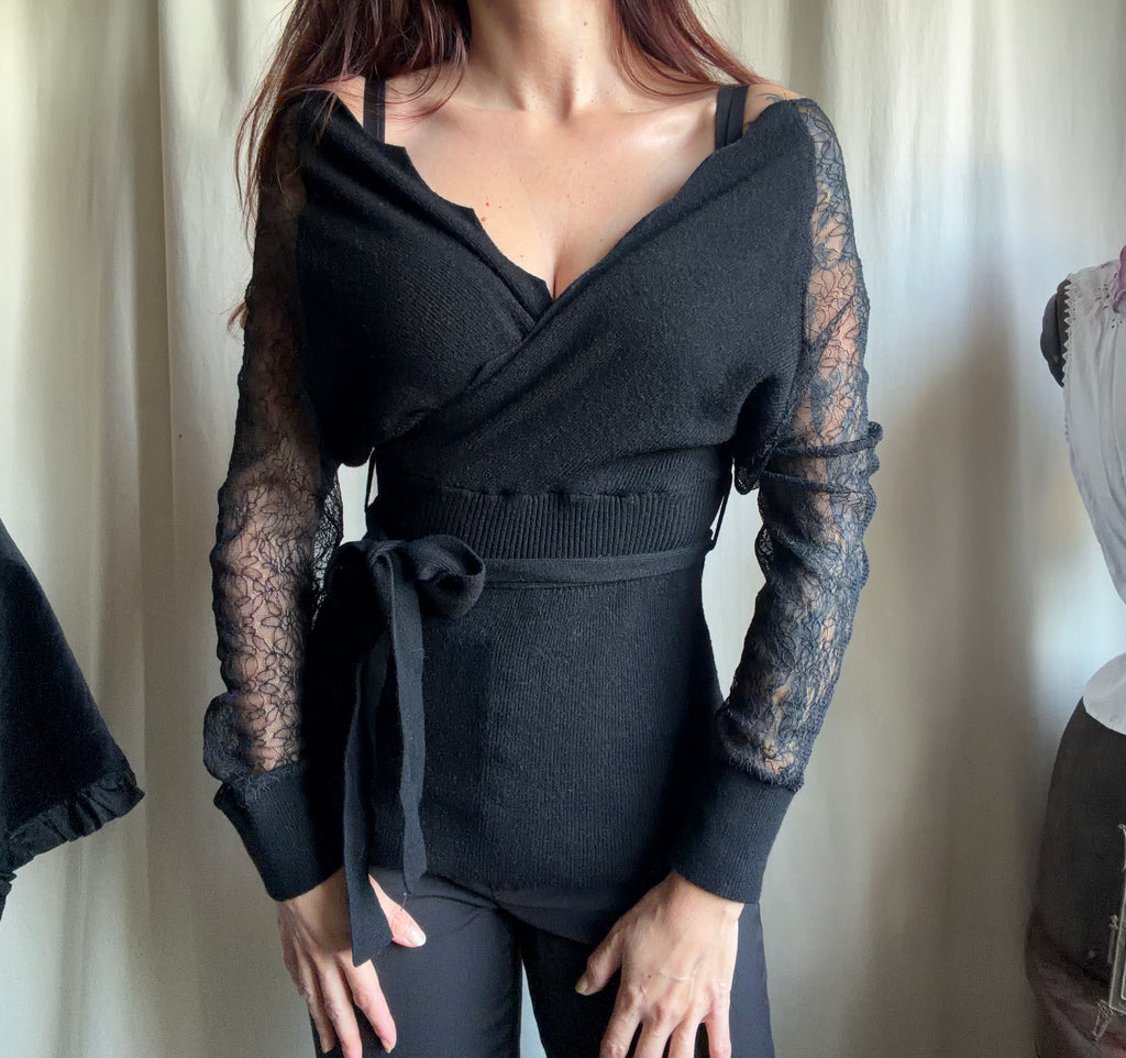 Black wrap sweater with lace sleeves, romantic goth whimsigoth style - size S/M