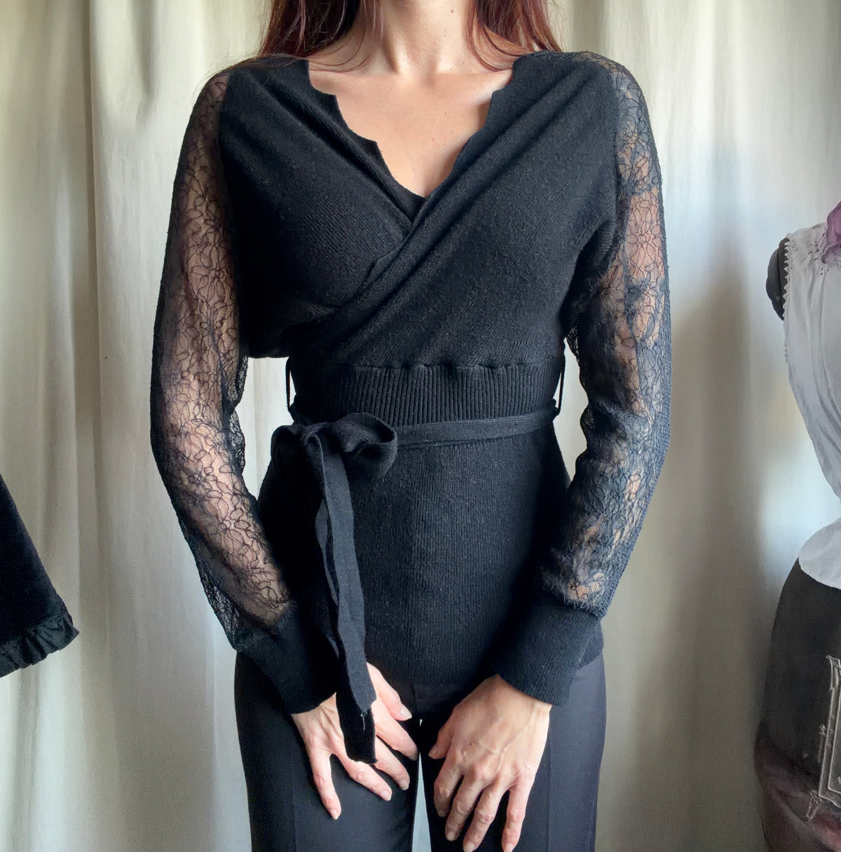 Black wrap sweater with lace sleeves, romantic goth whimsigoth style - size S/M