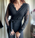 Black wrap sweater with lace sleeves, romantic goth whimsigoth style - size S/M