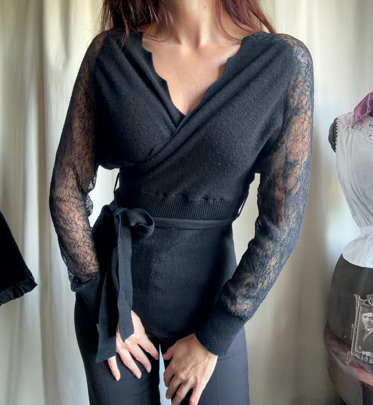 Black wrap sweater with lace sleeves, romantic goth whimsigoth style - size S/M