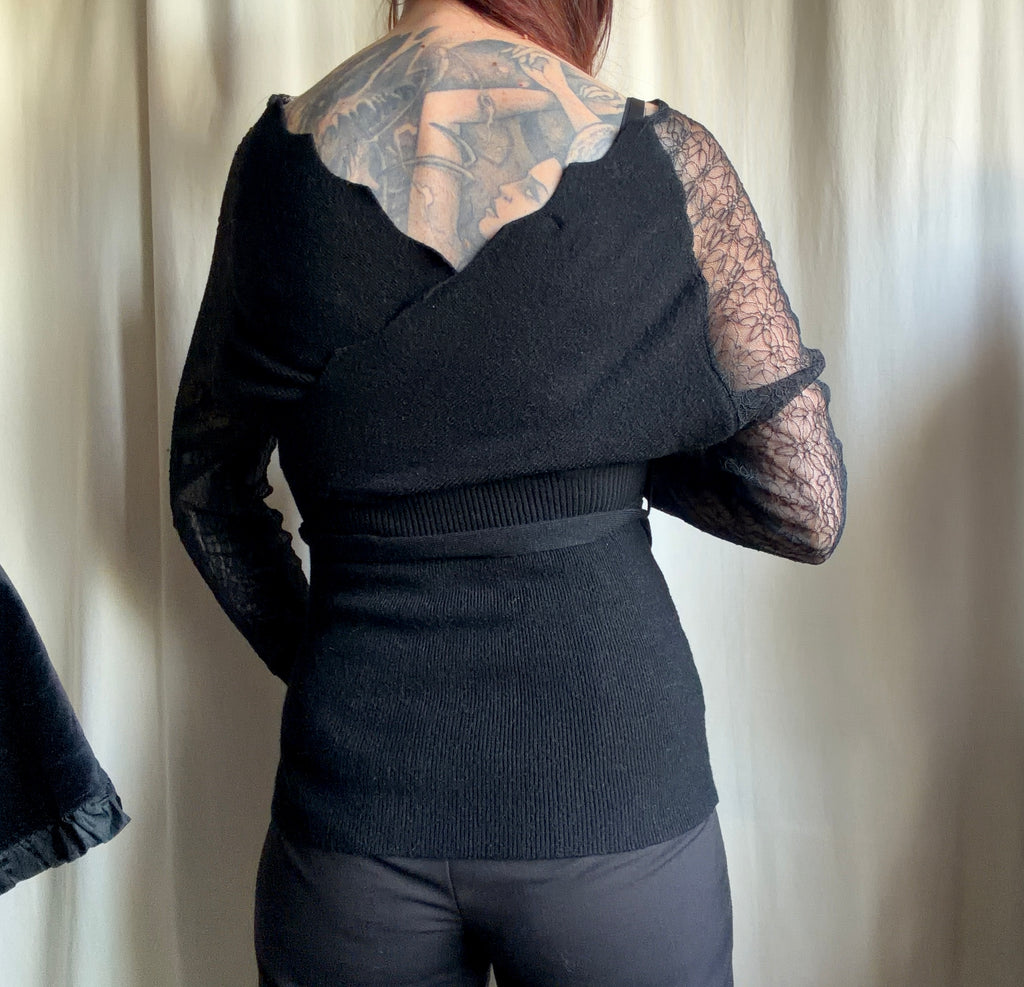 Black wrap sweater with lace sleeves, romantic goth whimsigoth style - size S/M