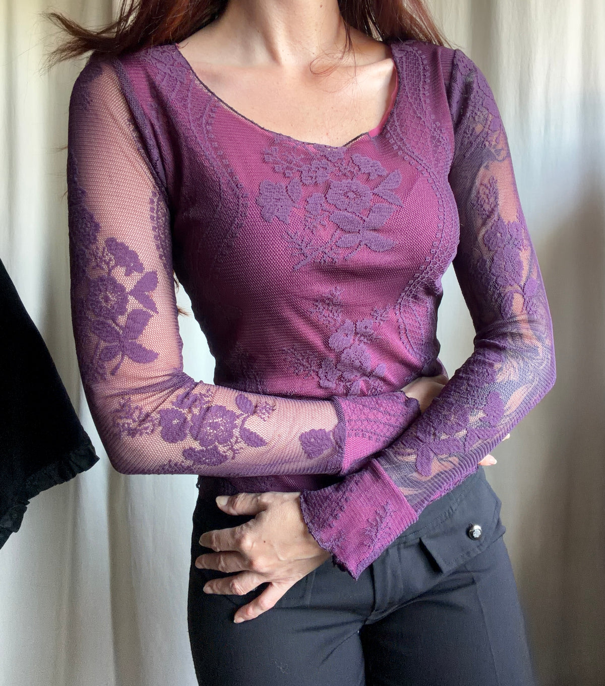 Top violet en résille et dentelle florale style whimsigoth romantic goth - taille S/M