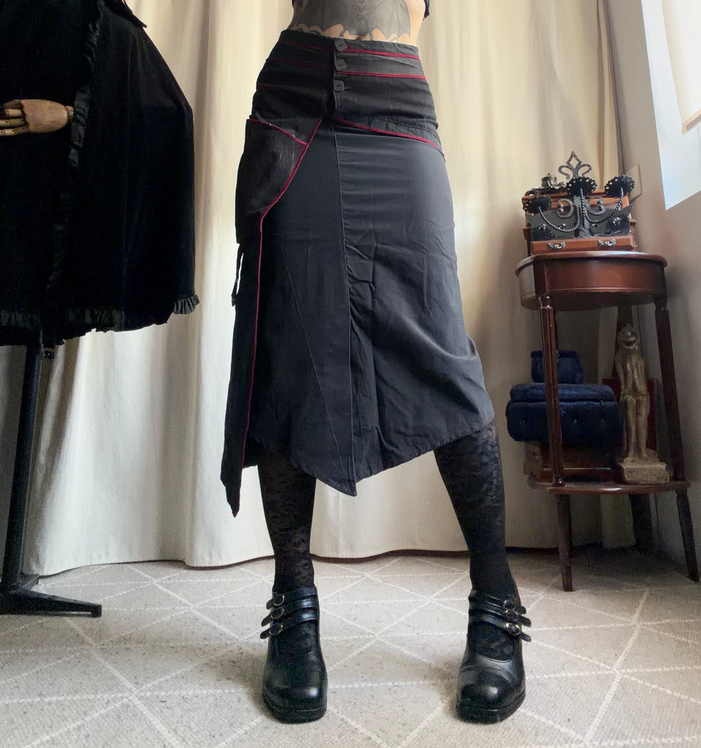 Jupe midi noir/gris anthracite asymétrique et coutures bordeaux - Taille S