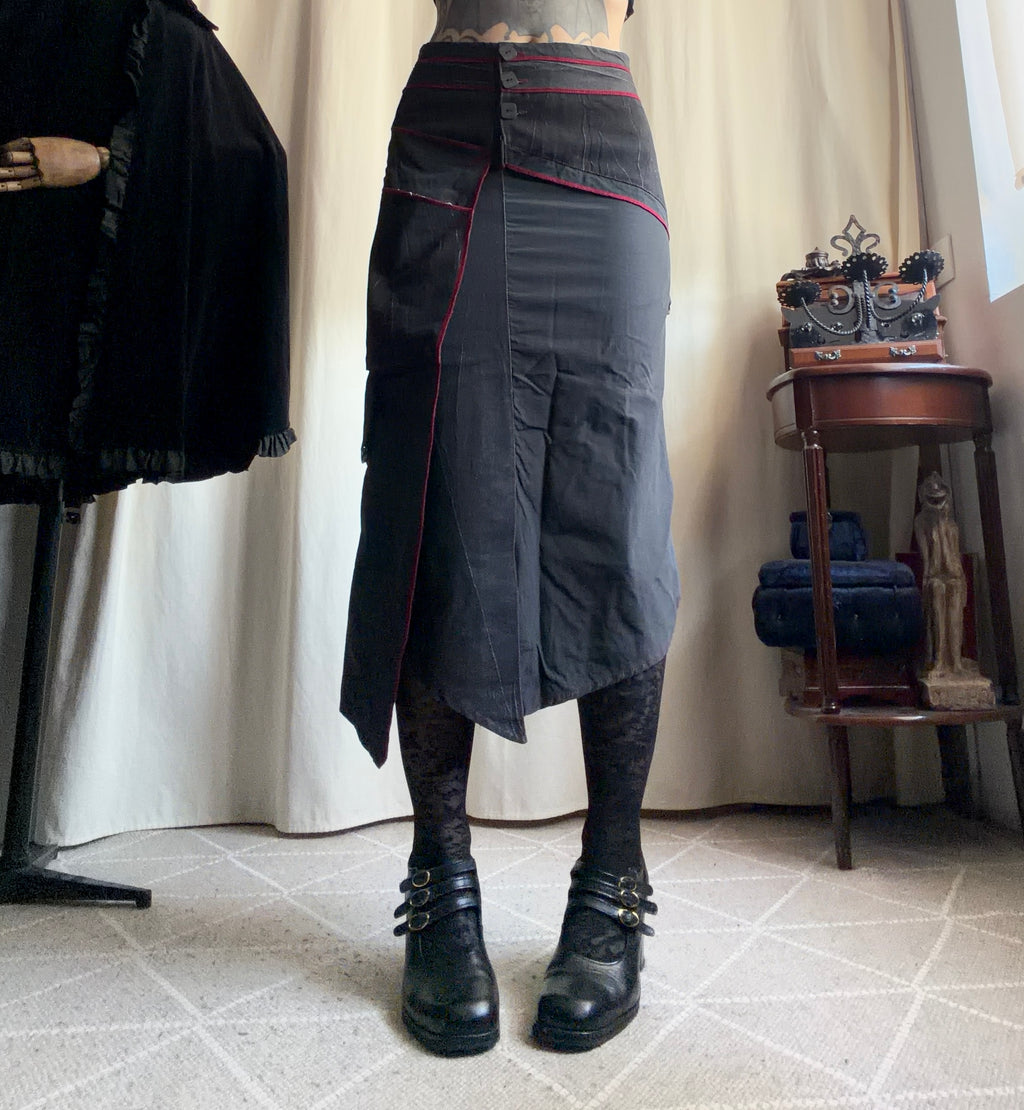 Jupe midi noir/gris anthracite asymétrique et coutures bordeaux - Taille S