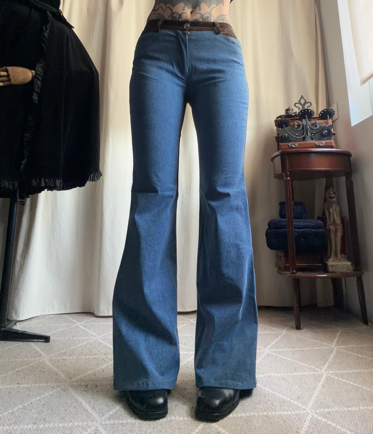 Pantalon pattes d’éléphant bicolore denim marron - deadstock - Taille S