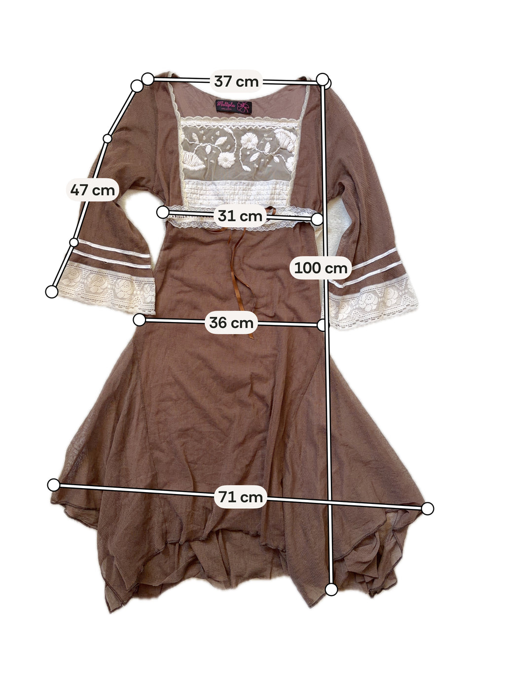 Robe marron asymétrique à dentelle écrue style fairygrunge whimsigoth 00s - taille S/M