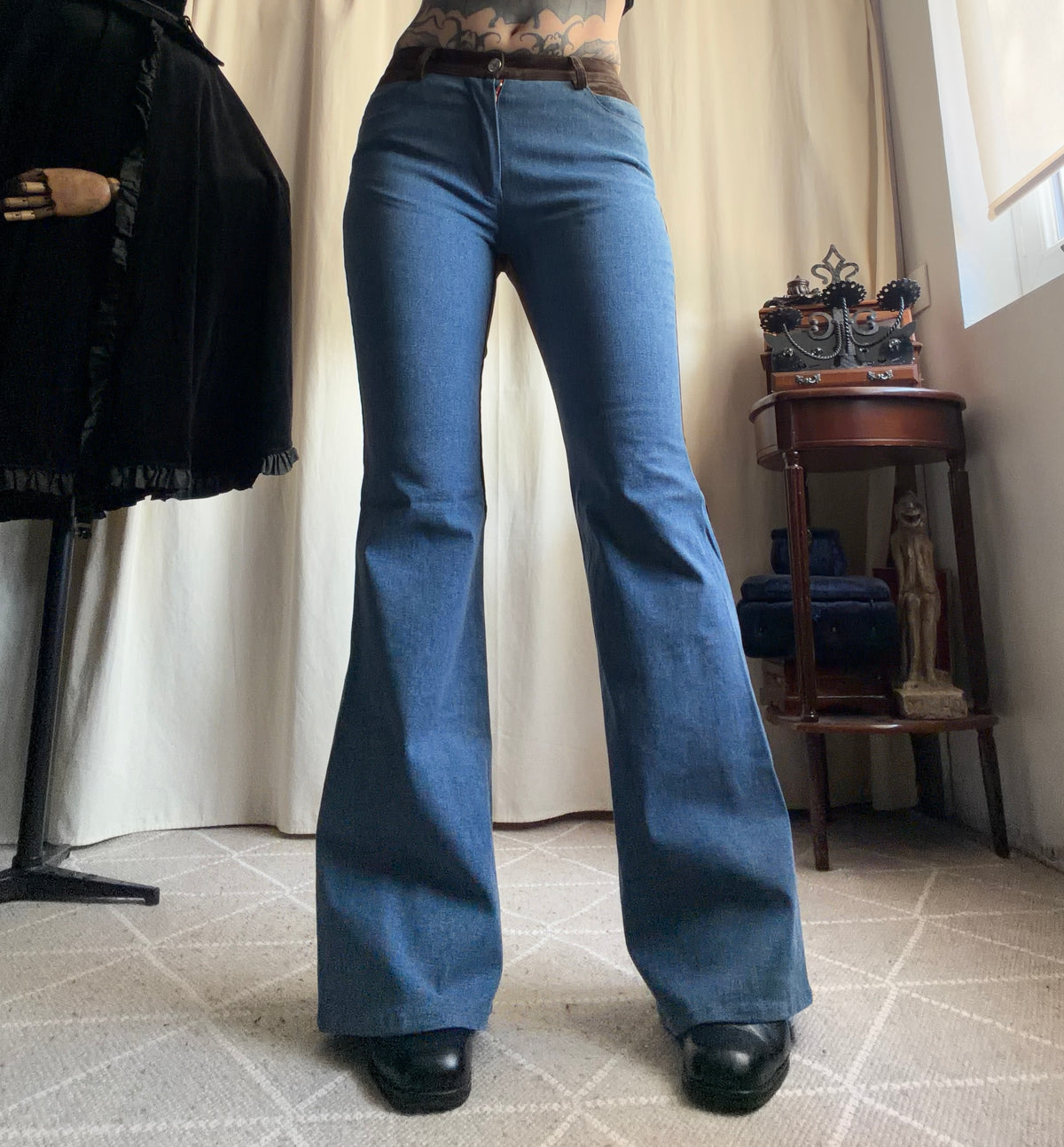 Pantalon pattes d’éléphant bicolore denim marron - deadstock - Taille S