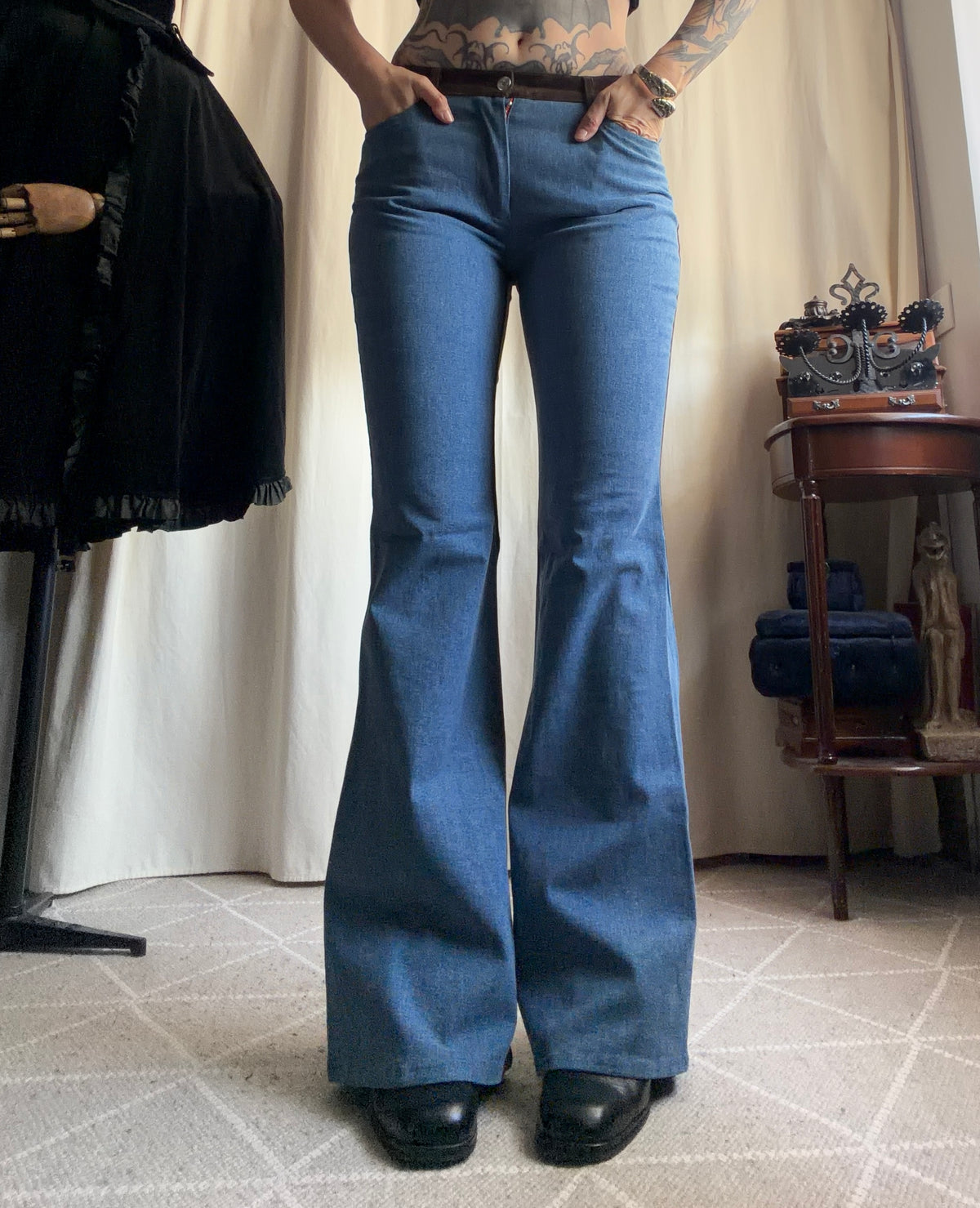 Pantalon pattes d’éléphant bicolore denim marron - deadstock - Taille S