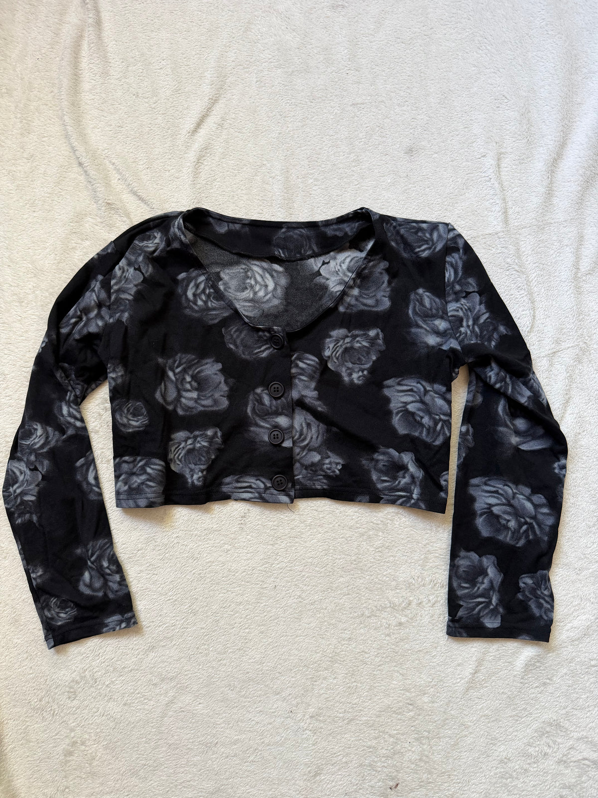 Top noir crop à imprimé grandes roses style vampire goth vampy - taille M