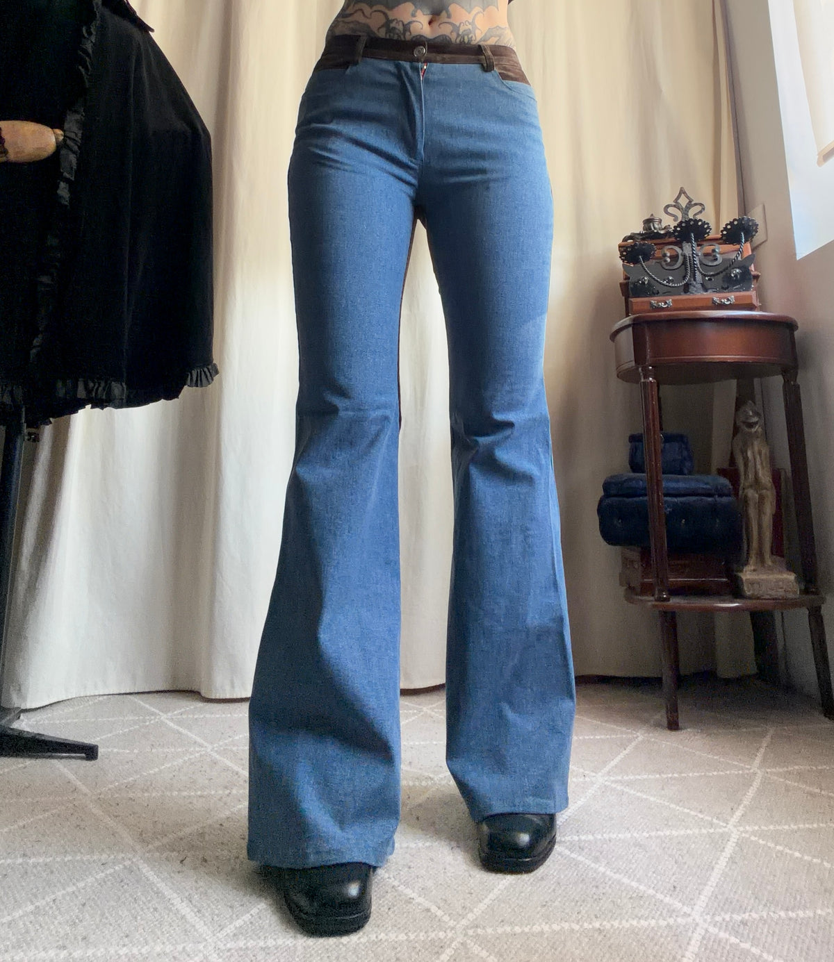 Pantalon pattes d’éléphant bicolore denim marron - deadstock - Taille S