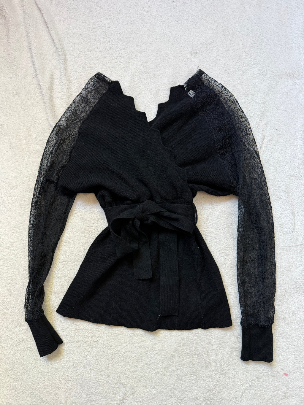 Black wrap sweater with lace sleeves, romantic goth whimsigoth style - size S/M