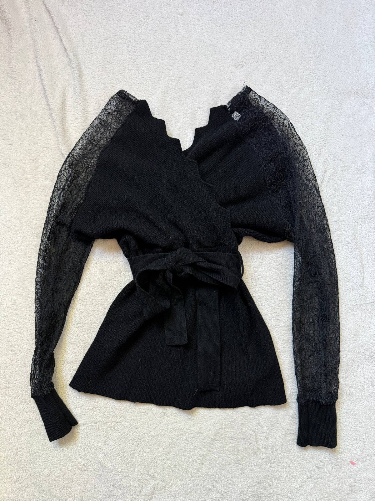 Black wrap sweater with lace sleeves, romantic goth whimsigoth style - size S/M