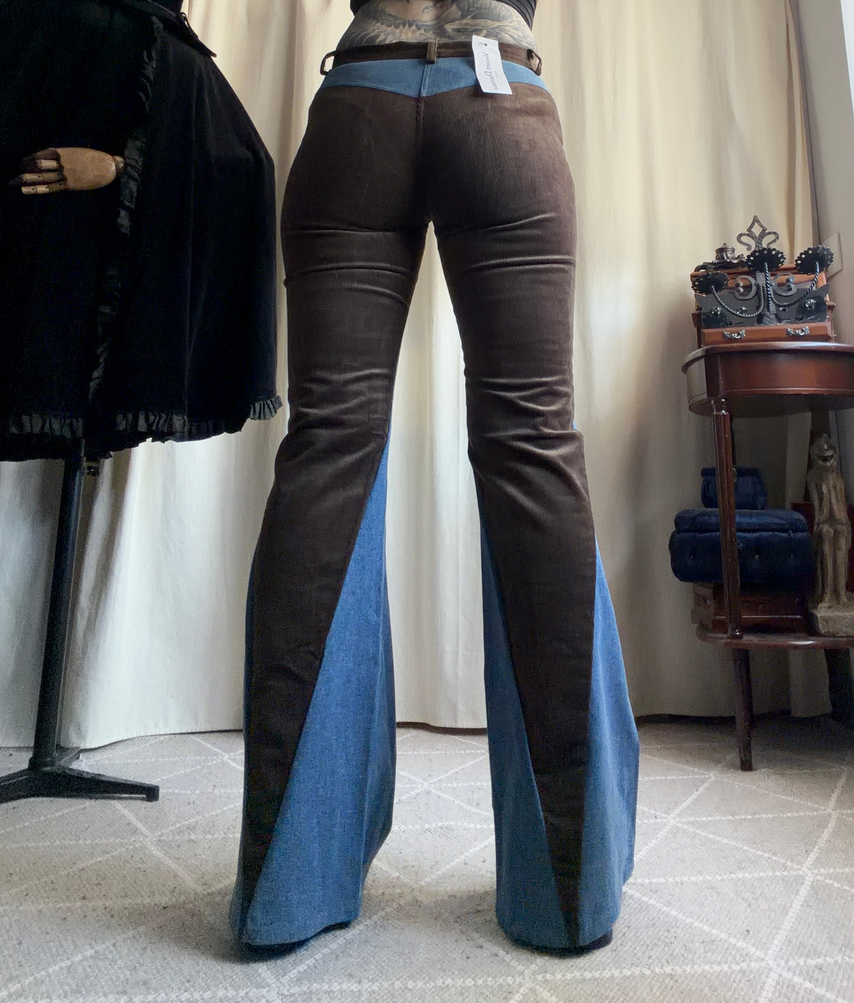 Pantalon pattes d’éléphant bicolore denim marron - deadstock - Taille S