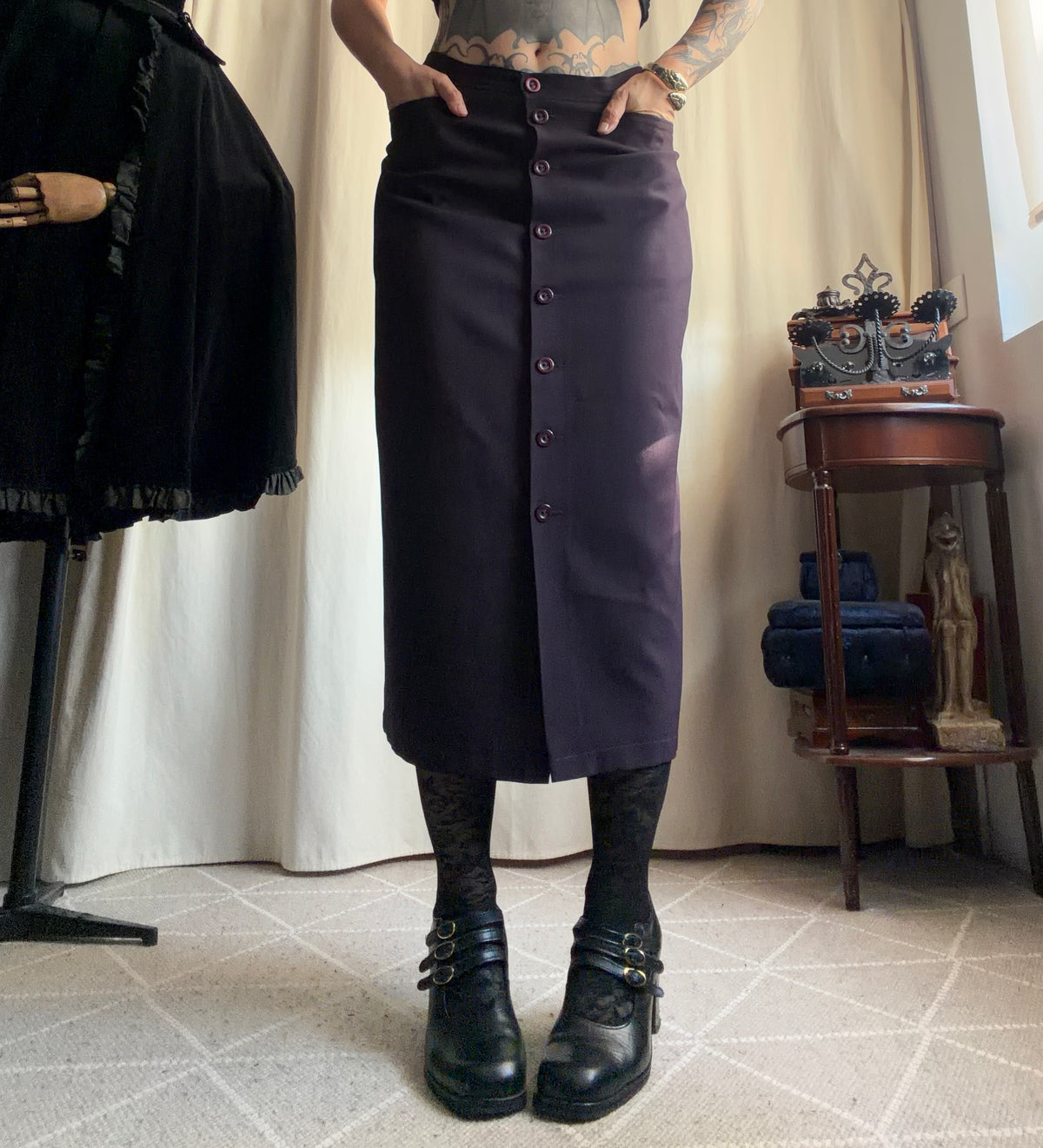 Jupe midi prune taille haute boutonnée devant - Taille M