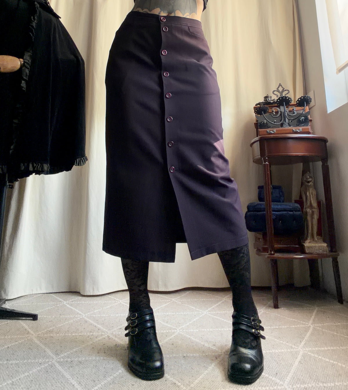 Jupe midi prune taille haute boutonnée devant - Taille M