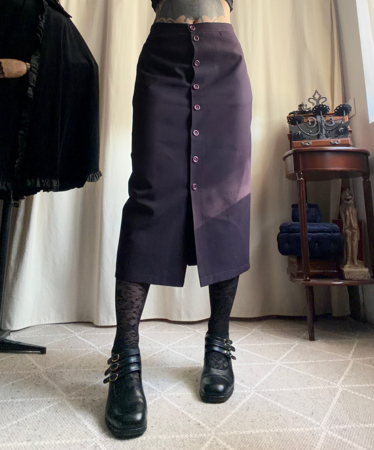 Jupe midi prune taille haute boutonnée devant - Taille M
