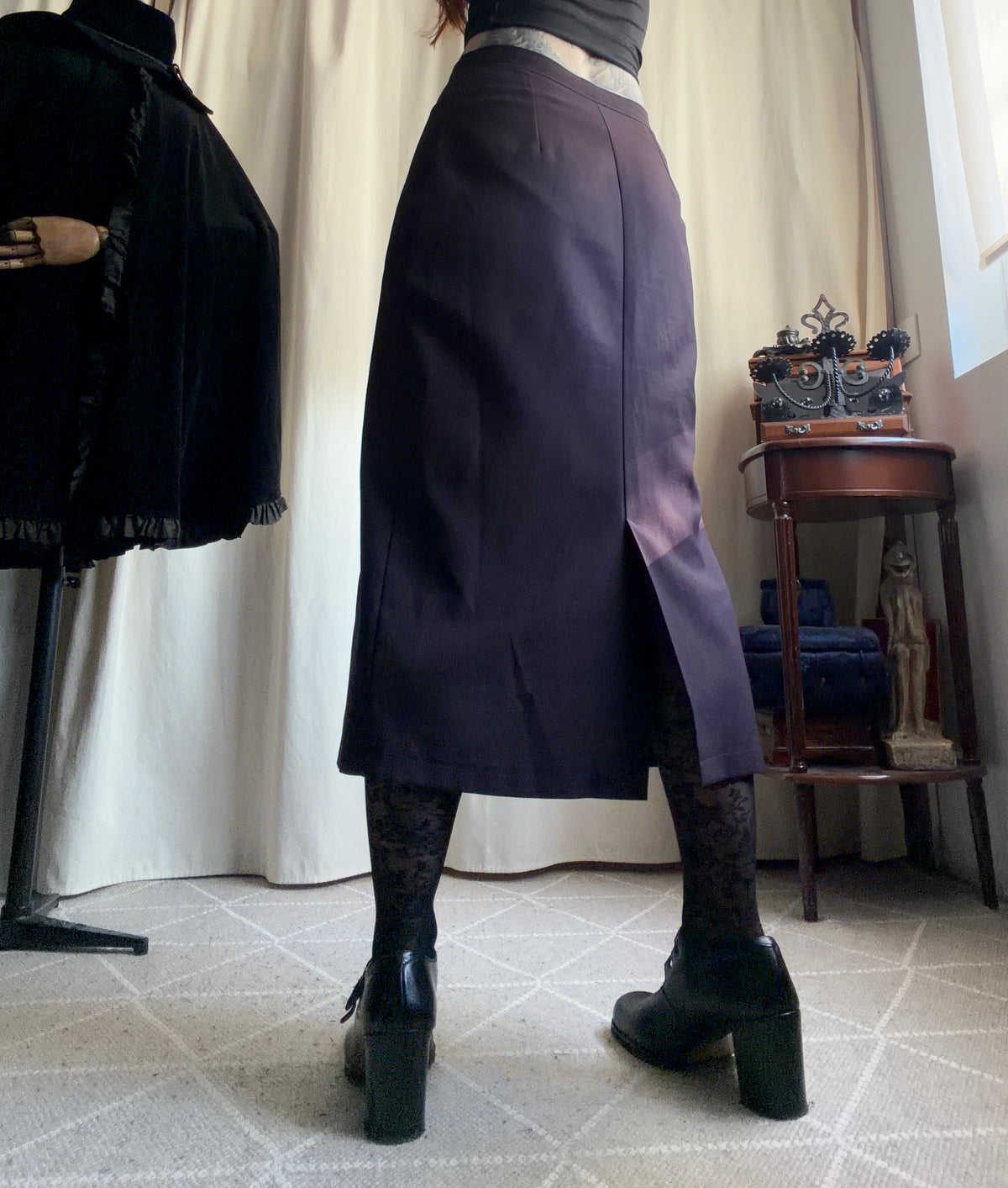 Jupe midi prune taille haute boutonnée devant - Taille M
