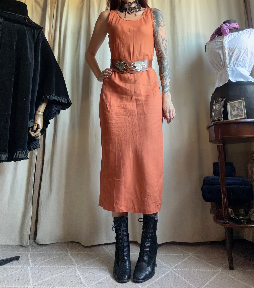 Robe maxi orange en lin coupe ajustée style witchy automne pumpkin - taille M