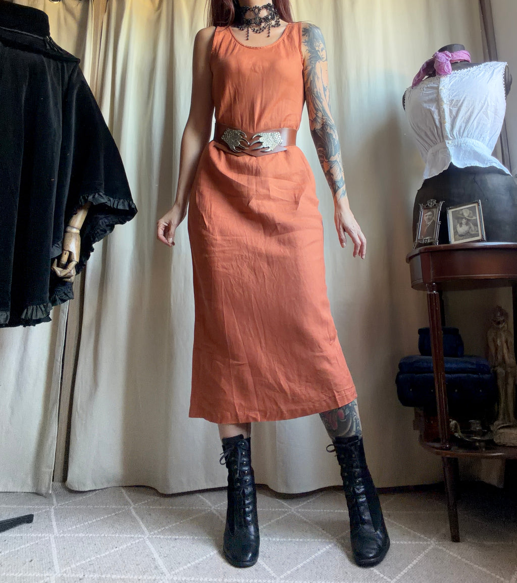 Robe maxi orange en lin coupe ajustée style witchy automne pumpkin - taille M