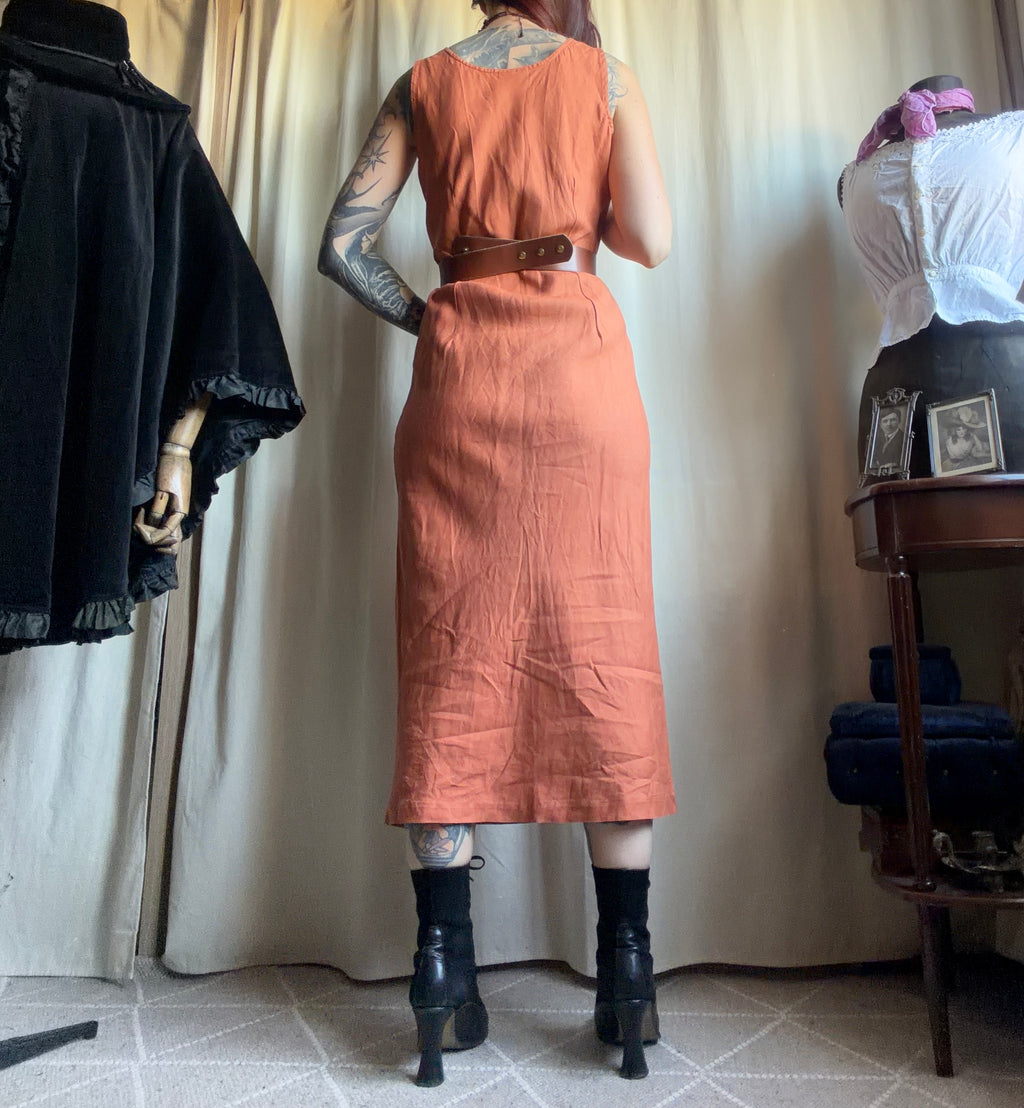 Robe maxi orange en lin coupe ajustée style witchy automne pumpkin - taille M
