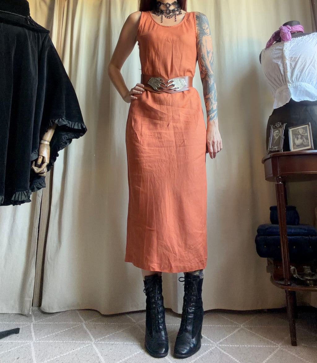 Robe maxi orange en lin coupe ajustée style witchy automne pumpkin - taille M