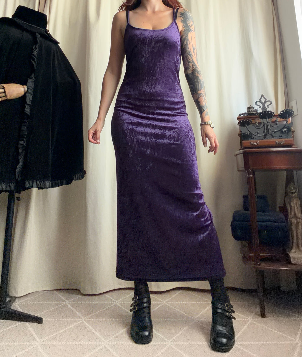 Robe maxi en velours violet coupe ajustée style vampy whimsigoth 90s - Taille S/M