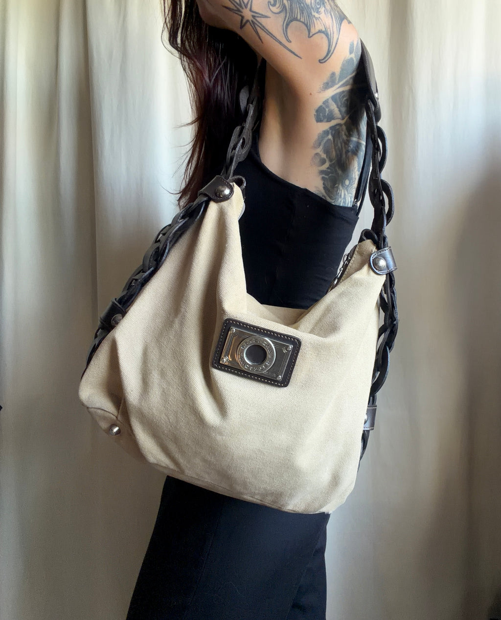 Sac Lancaster beige en toile à anses maillons marron - Y2K boho 00s