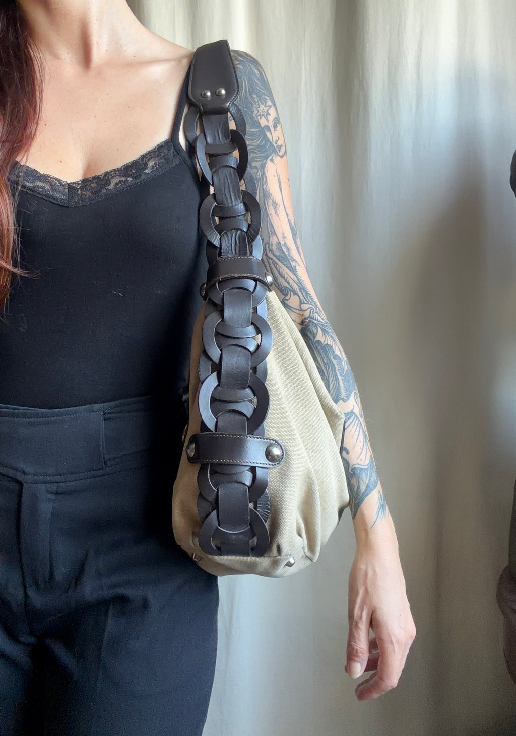 Sac Lancaster beige en toile à anses maillons marron - Y2K boho 00s