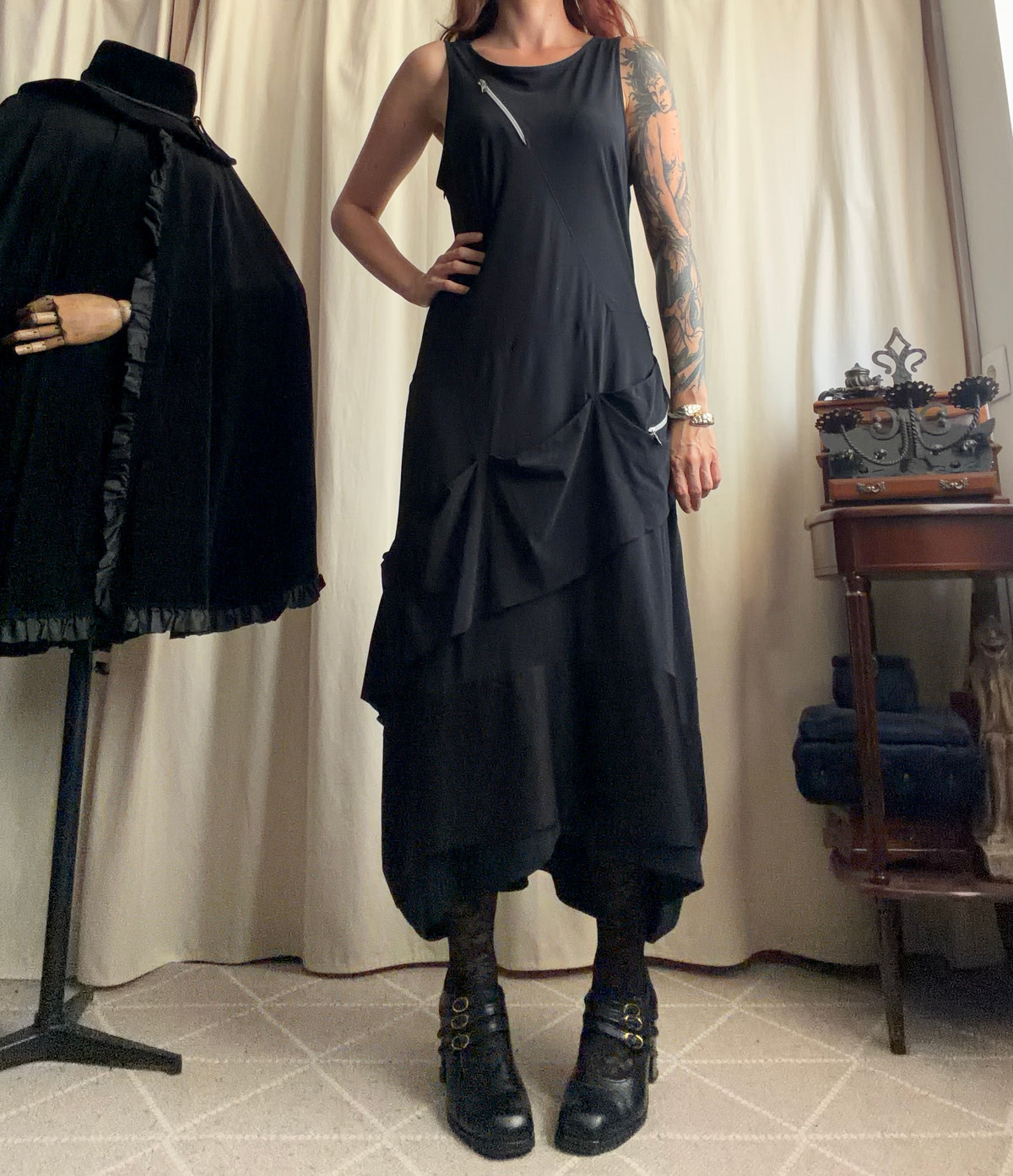 Asymmetric black long dress with industrial avant-garde style zips - Size L