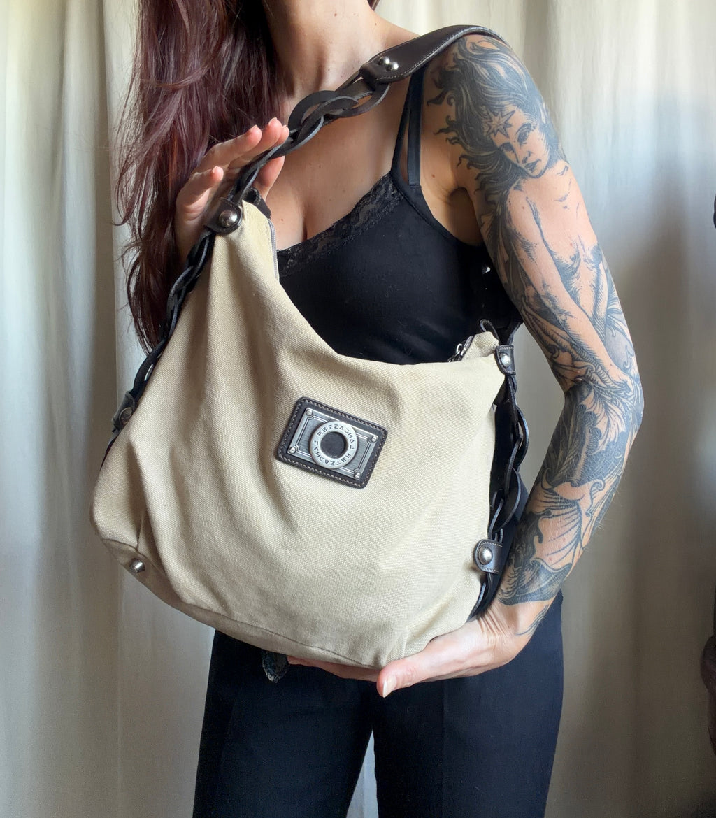 Sac Lancaster beige en toile à anses maillons marron - Y2K boho 00s