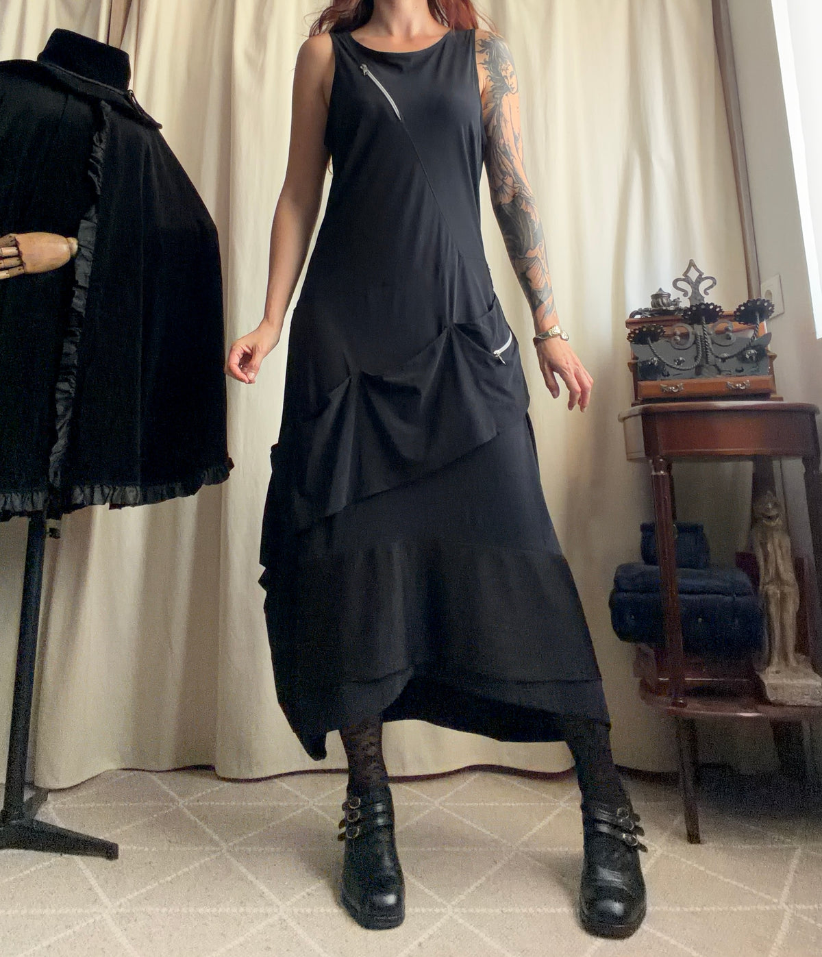 Asymmetric black long dress with industrial avant-garde style zips - Size L