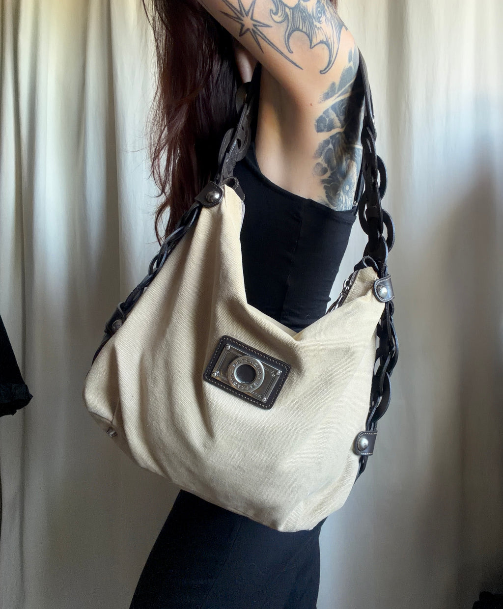 Sac Lancaster beige en toile à anses maillons marron - Y2K boho 00s