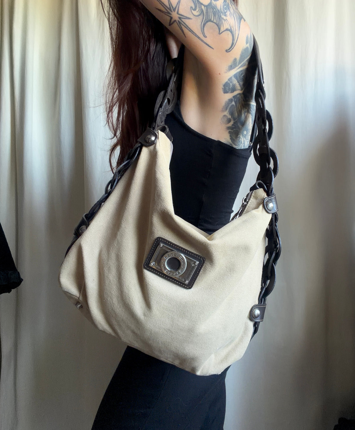 Sac Lancaster beige en toile à anses maillons marron - Y2K boho 00s