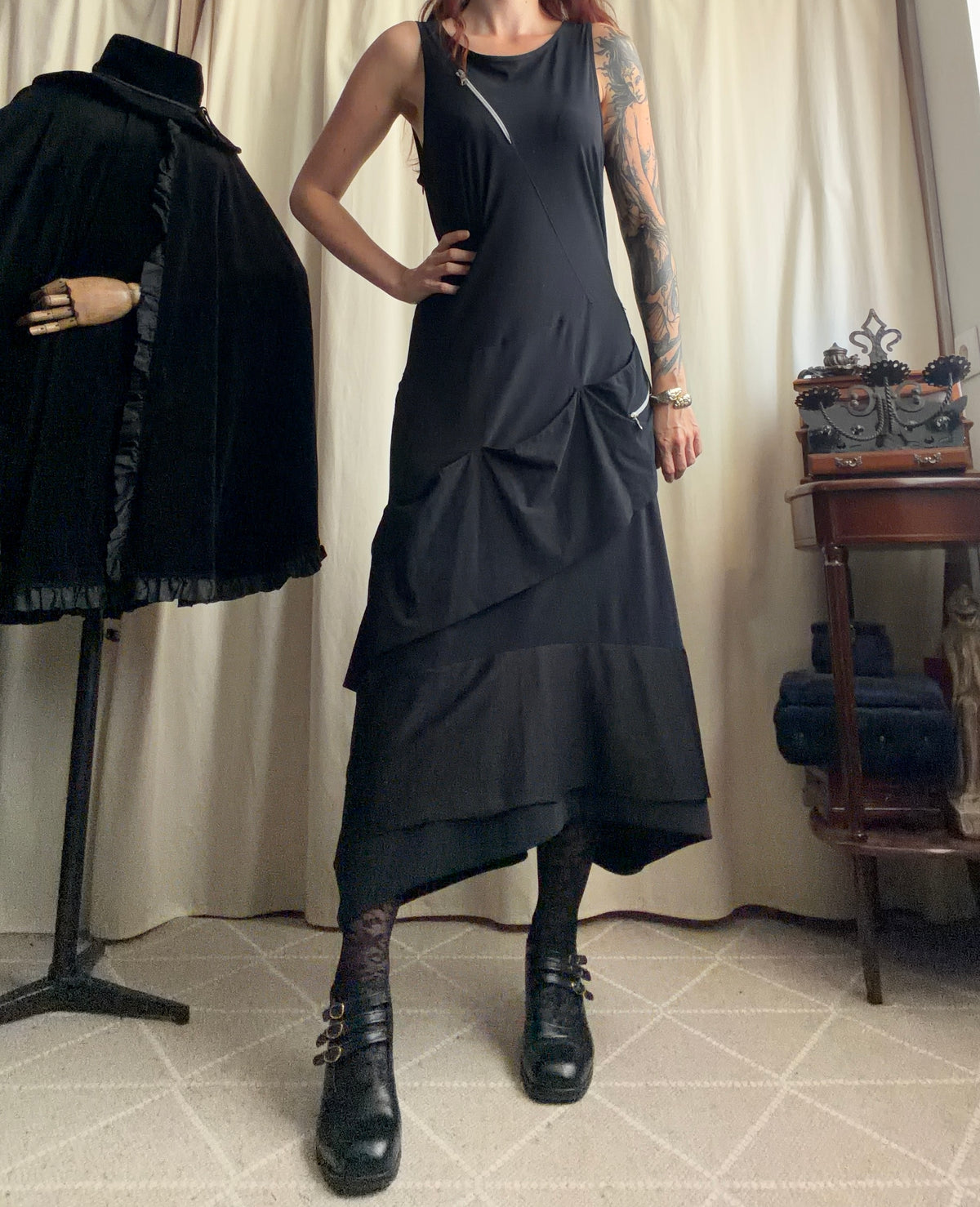 Asymmetric black long dress with industrial avant-garde style zips - Size L