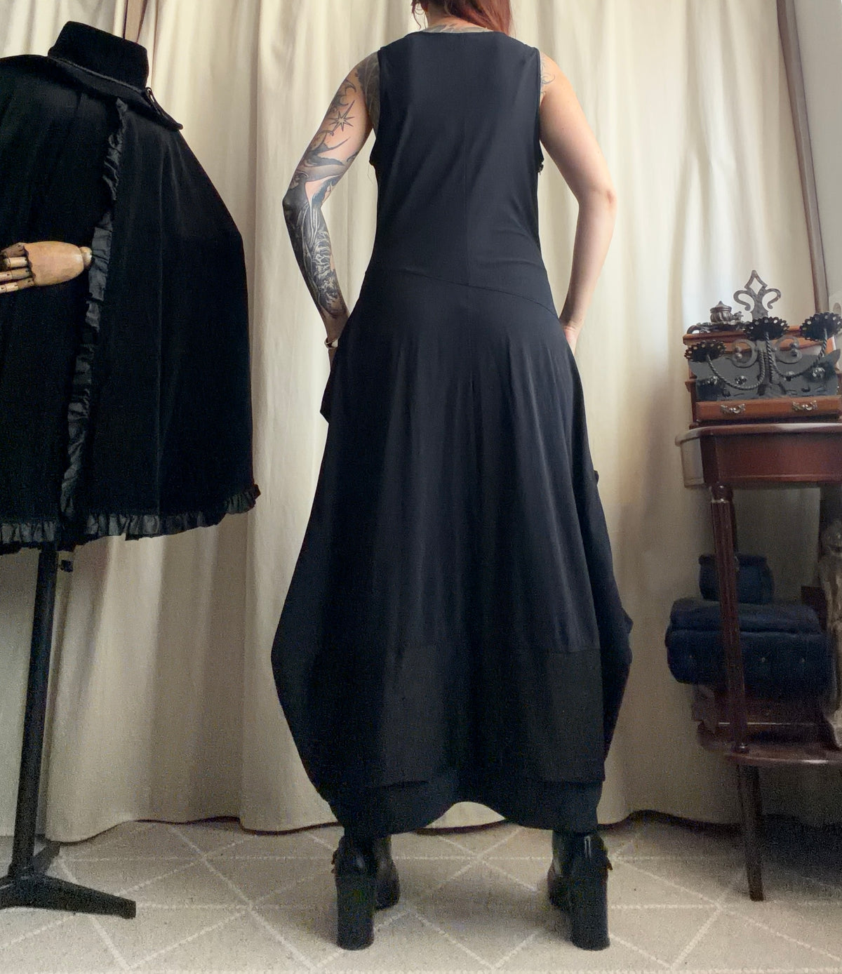 Asymmetric black long dress with industrial avant-garde style zips - Size L
