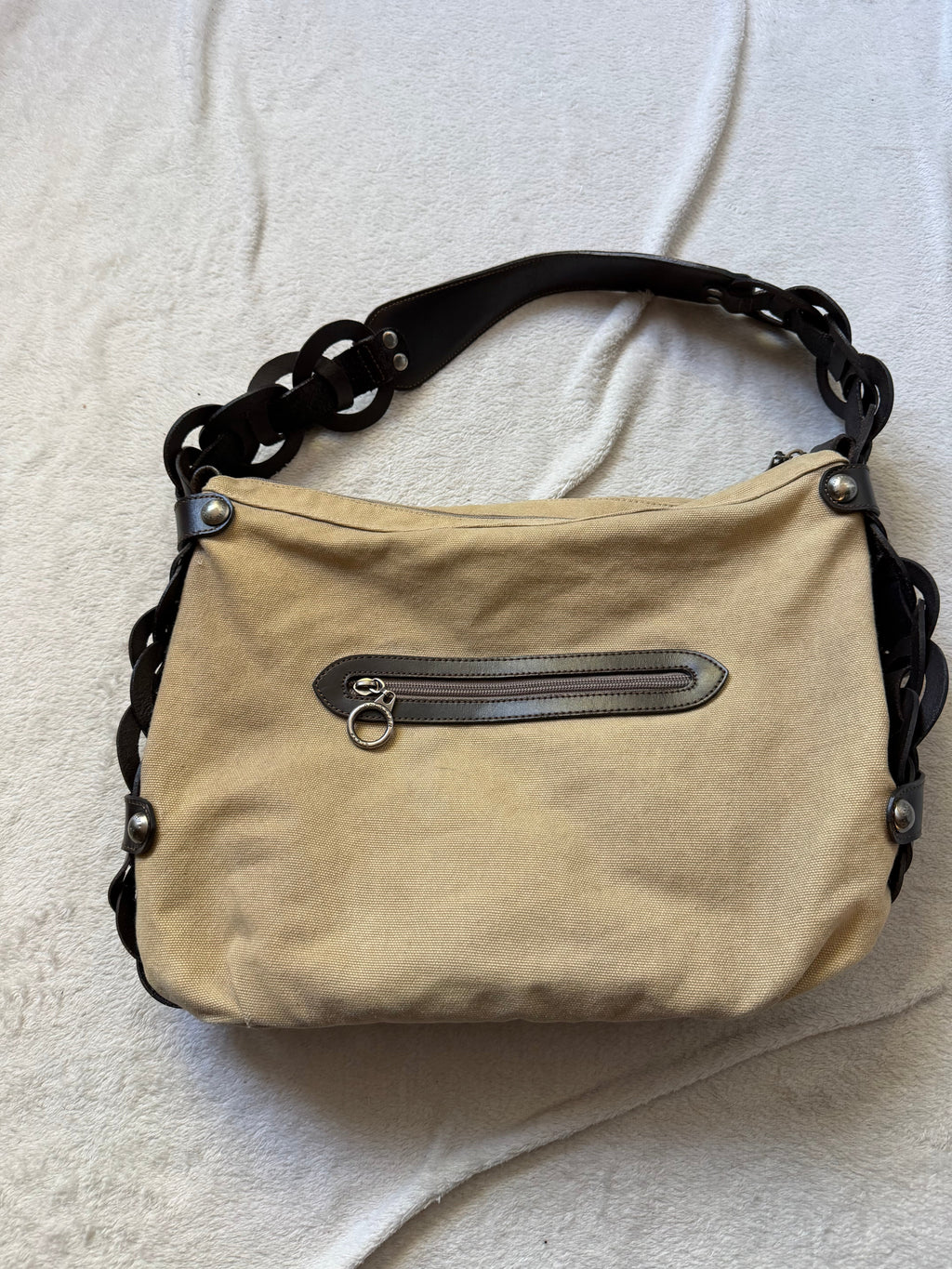 Sac Lancaster beige en toile à anses maillons marron - Y2K boho 00s