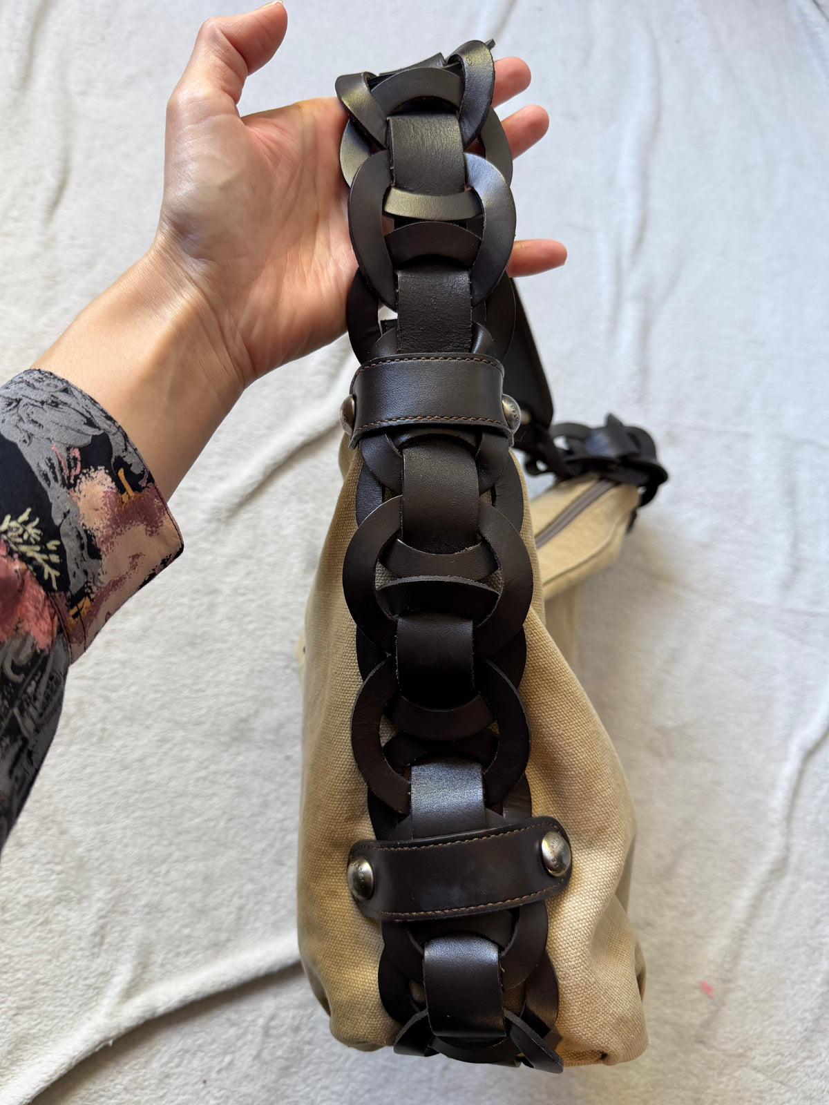 Sac Lancaster beige en toile à anses maillons marron - Y2K boho 00s